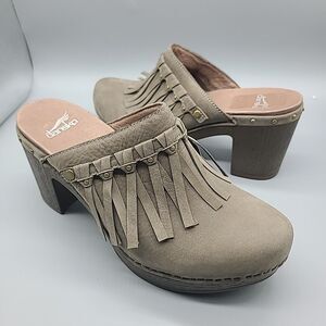 Dansko Women Clogs Mules Deni Taupe Suede chunky heel fringe shoes 9.5 10 40